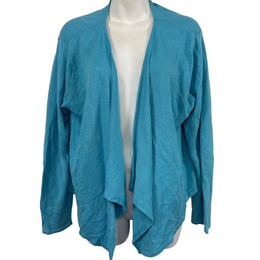 J Jill Womens Linen Cotton Blend Open Blue Cardigan Waterfall Sweater Open sz L